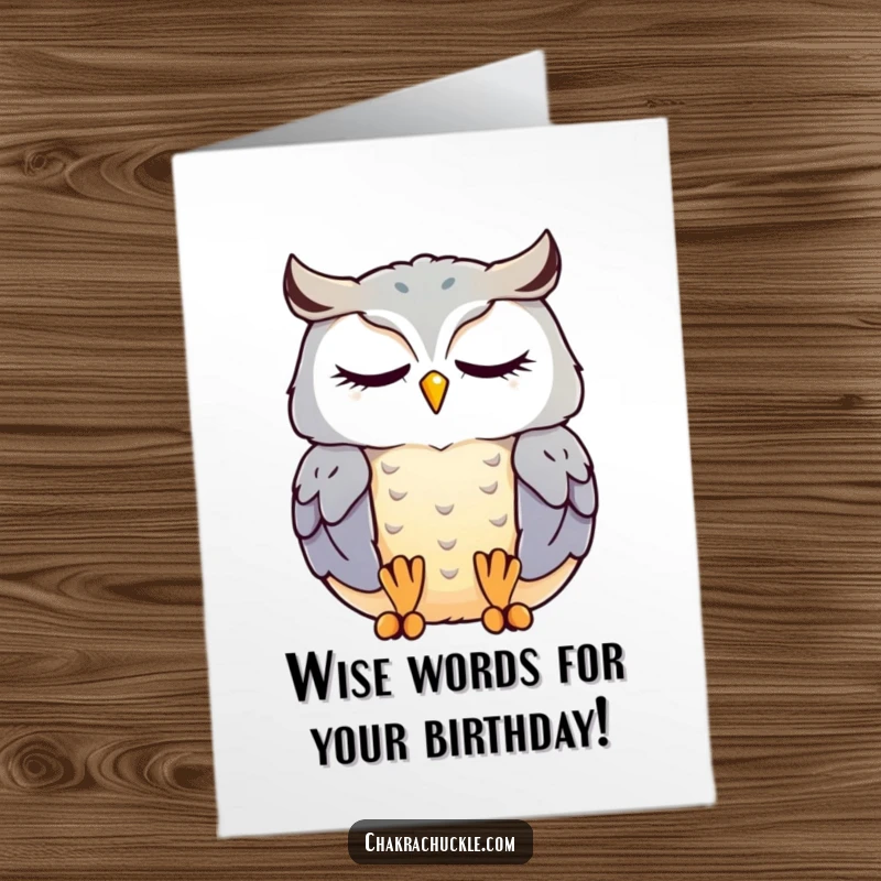 Free Printable Birthday Card: A contented kawaii owl meditates peacefully with eyes closed, wishing happy birthday.