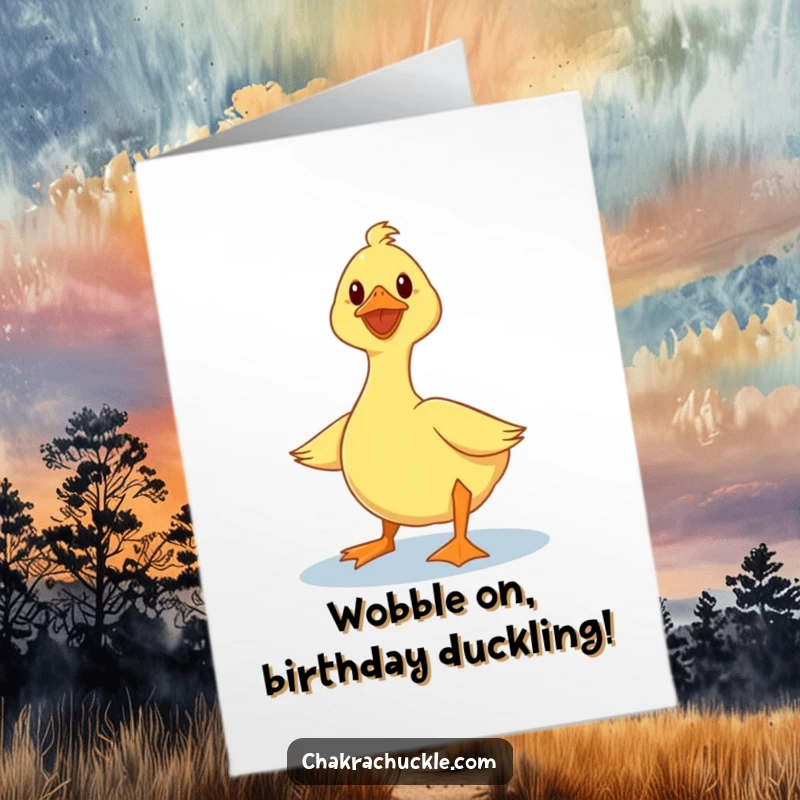Funny Free Printable Birthday Card: Wobbly duck attempting lotus pose, legs shaking, bringing hilarious birthday cheer.