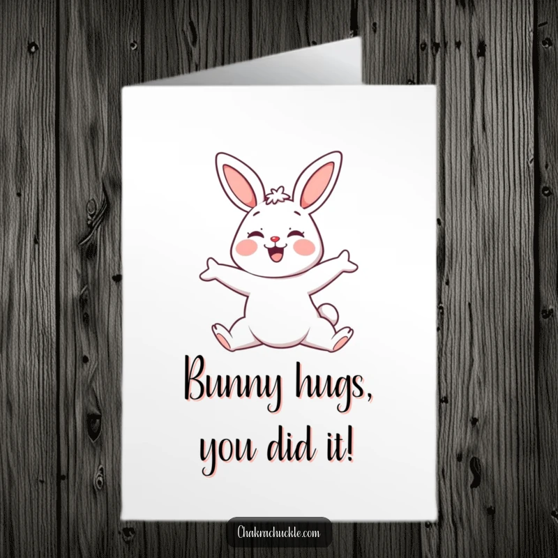 Funny Free Printable Congratulations Card: Smiling kawaii bunny confidently holding a downward-facing dog yoga pose.