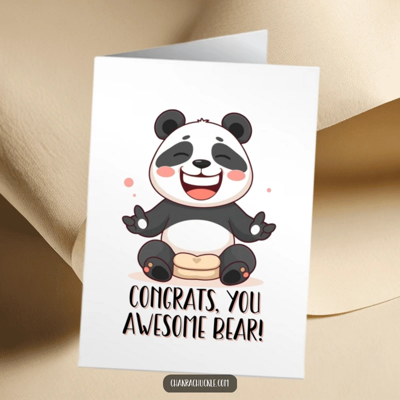 Funny Free Printable Panda Juggling Congrats Card: Panda gleefully tosses cushions, celebrating success with pure silliness, a downloadable gift.