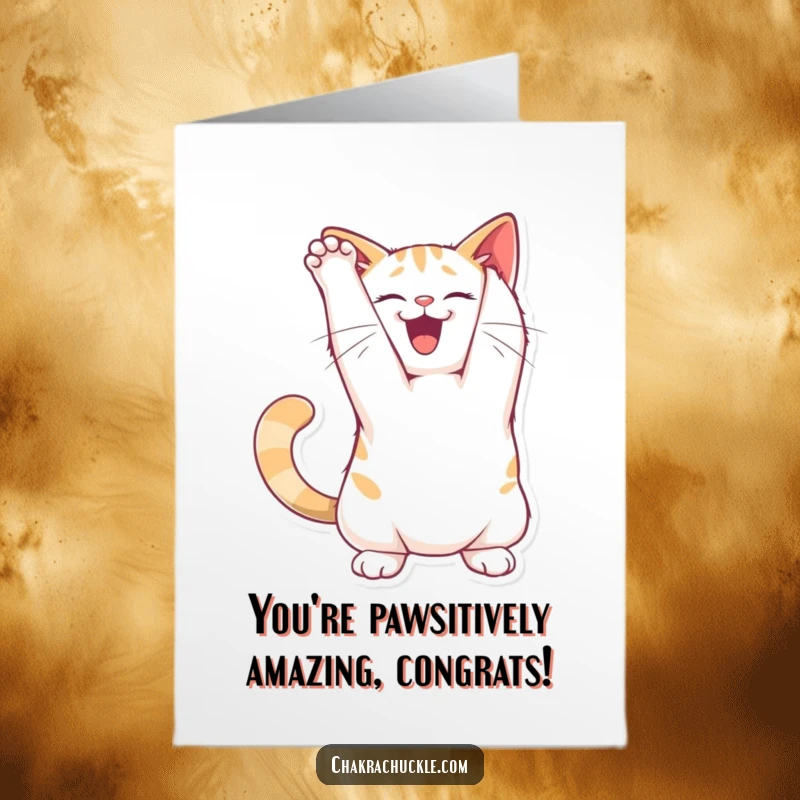 Funny Free Printable Congratulations Card: A joyful cat striking a celebratory arch pose, showing off its flexibility.