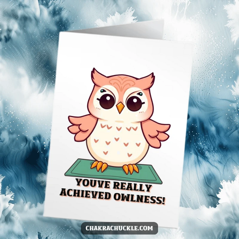 Funny Free Printable Congrats Card: Giggling owl levitating in meditation, perfect for celebrating any achievement.
