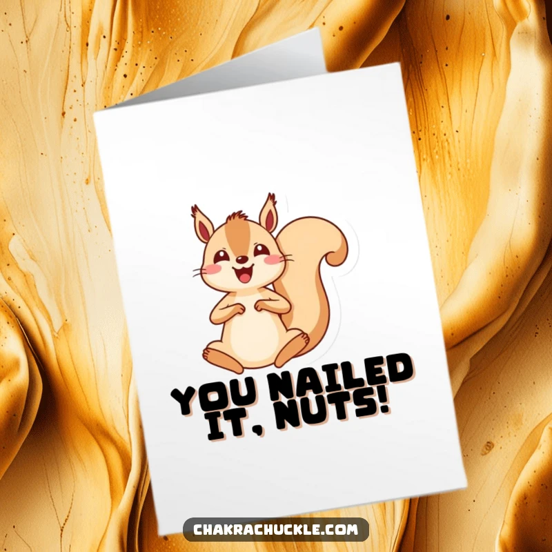 Funny Free Printable Congrats Card: Energetic kawaii squirrel jumps into serene meditation, celebrating a milestone.