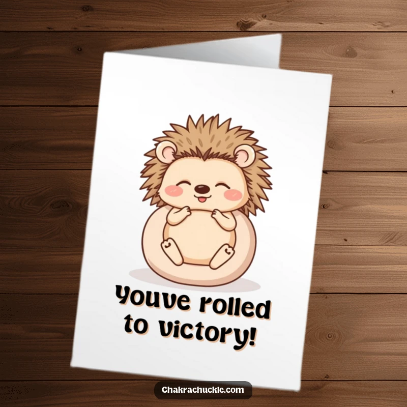 Funny Free Printable Congratulations Card: Happy hedgehog meditating in a ball, symbolizing peaceful success and joy.