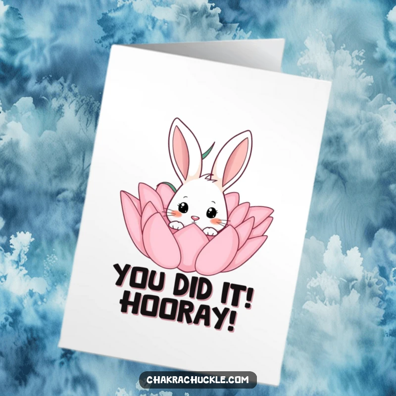 Funny Free Printable Congratulations Card: A curious rabbit emerges from a lotus, sharing good news with a smile.