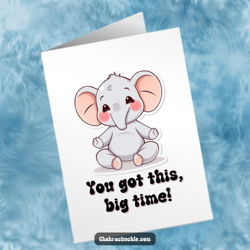 Funny Free Printable Congratulations Card with a happy elephant meditating gracefully, conveying calm success.