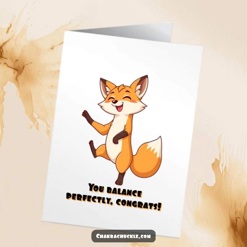 Funny Free Printable Congratulations Card: A grinning fox balances perfectly in a tree pose, celebrating an achievement.