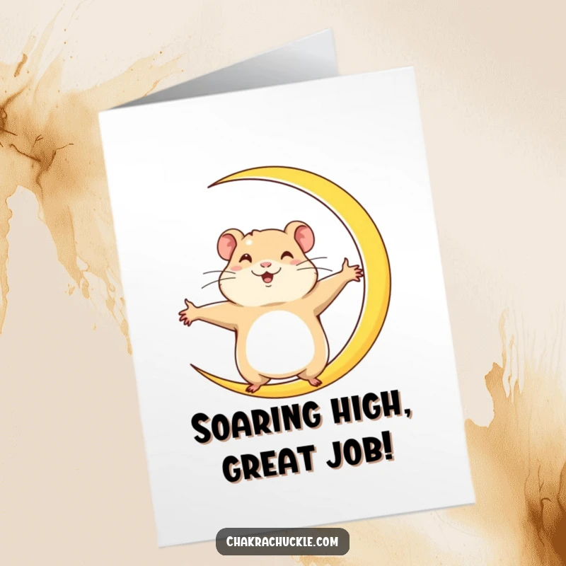 Funny Free Printable Congratulations Card: A determined hamster gracefully holds a crescent moon pose, celebrating a big success.