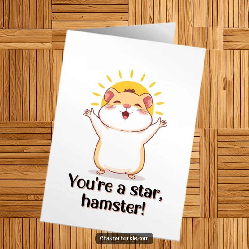 Funny Free Printable Congratulations Card: A giggly hamster enthusiastically performs a sun salutation, celebrating a win.