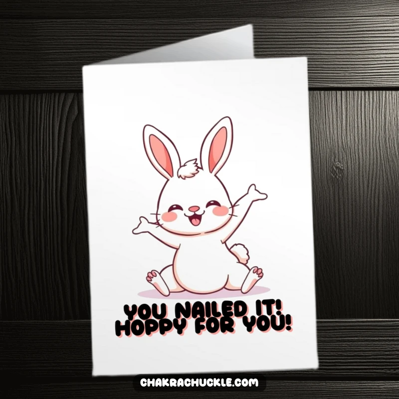 Funny Free Printable Congratulations Card: Kawaii bunny in downward-facing dog, looking thrilled, perfect for celebrating achievements.