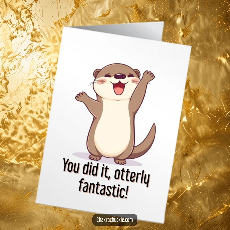 Funny Free Printable Congratulations Card: An enthusiastic otter attempts a handstand, tail wagging, celebrating a big achievement.