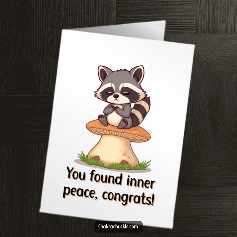 Funny Free Printable Congratulations Card: A mischievous raccoon finds inner peace meditating on a mushroom, celebrating a win.