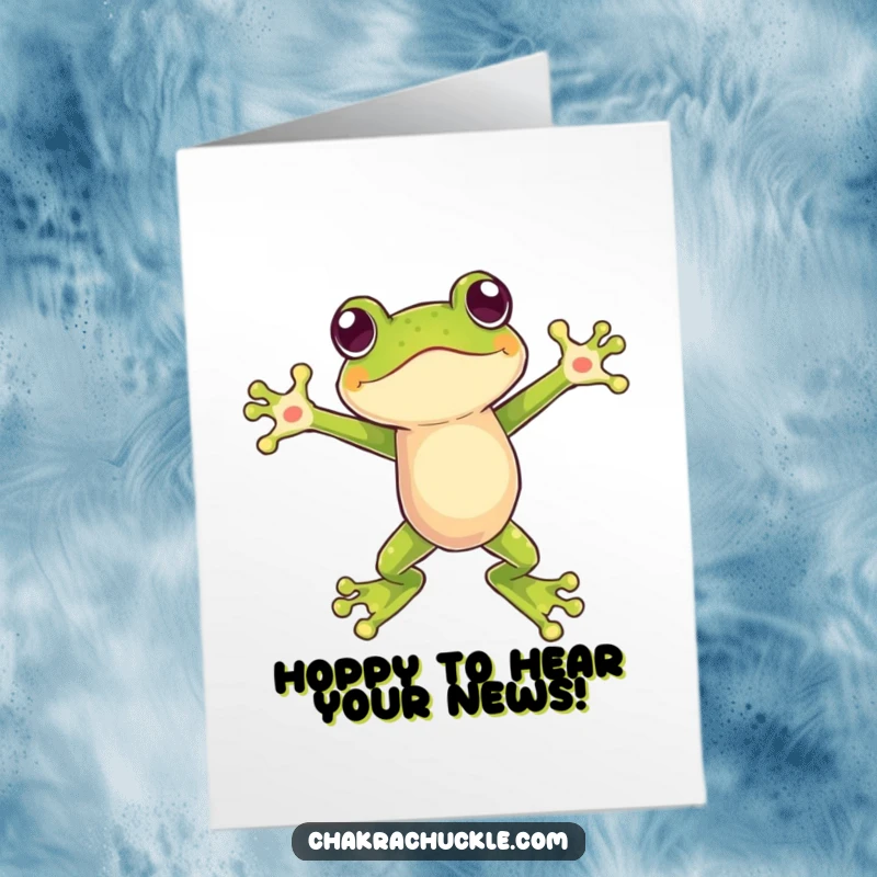 Funny Free Printable Congratulations Card featuring a frog in a dynamic leap, arms wide open, celebrating a fantastic achievement.