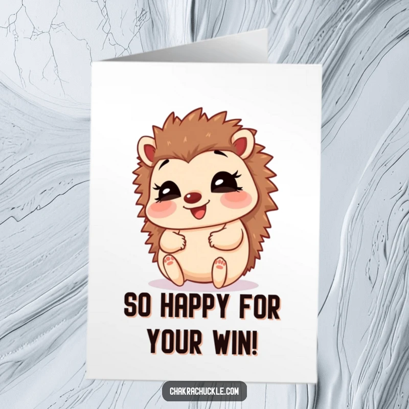 Funny Free Printable congratulations card showing a giggling hedgehog in a happy baby pose, celebrating achievements with pure joy.