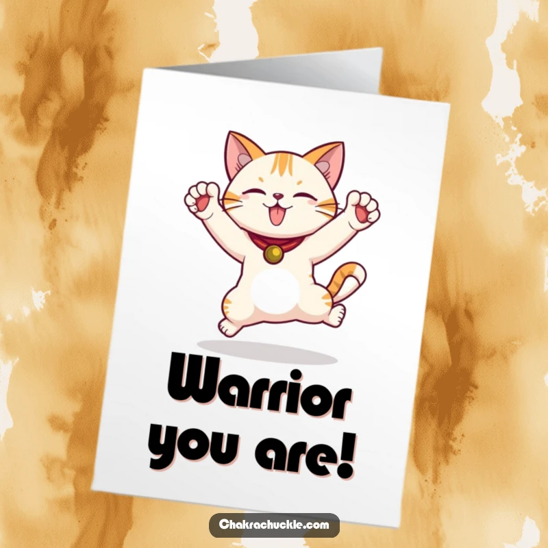 Funny Free Printable Congratulations Card: a cat strikes a warrior pose, celebrating victory with glee.