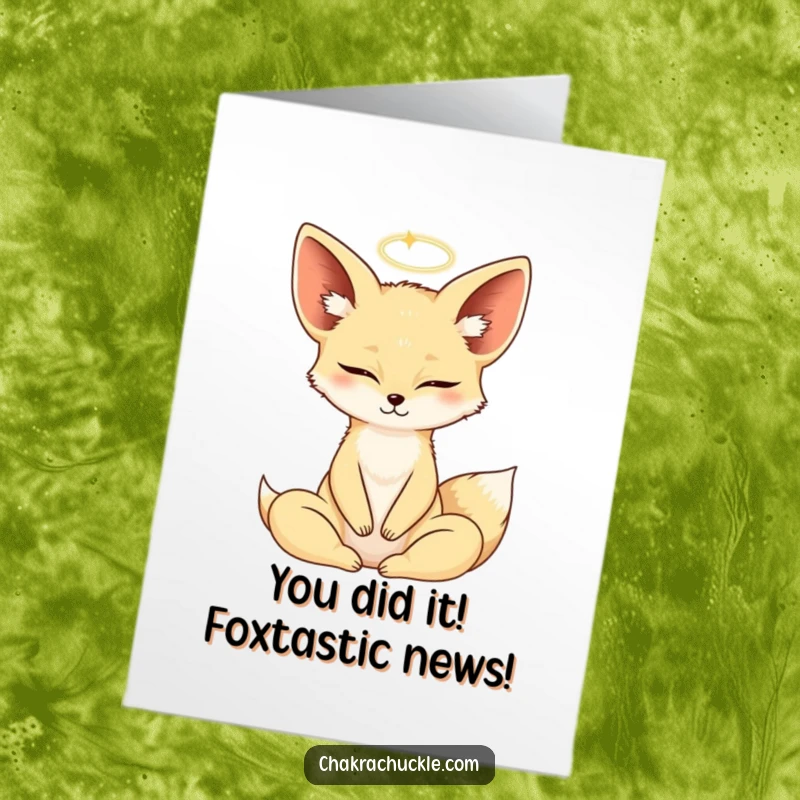 Funny Free Printable Fennec Fox Yoga Congrats Card: Peaceful fox in lotus pose, celebrating success with divine humor, a downloadable gift.