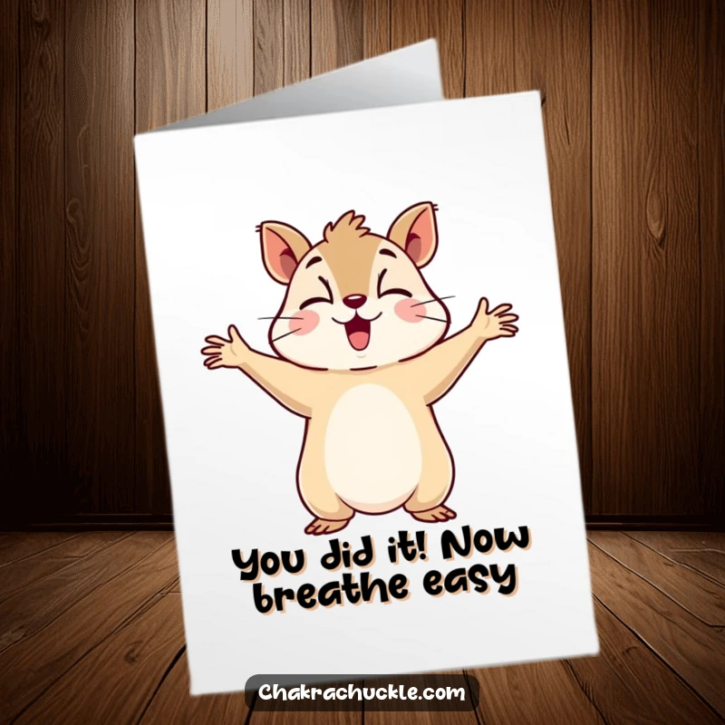 Funny Free Printable Congratulations Card: Determined squirrel cheering with outstretched arms, celebrating success with humor.