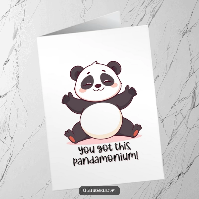 Funny Free Printable Wobbly Panda Yoga Congratulations Card: Giggling panda wobbling in a pose, celebrating trying hard, great funny DIY gift.
