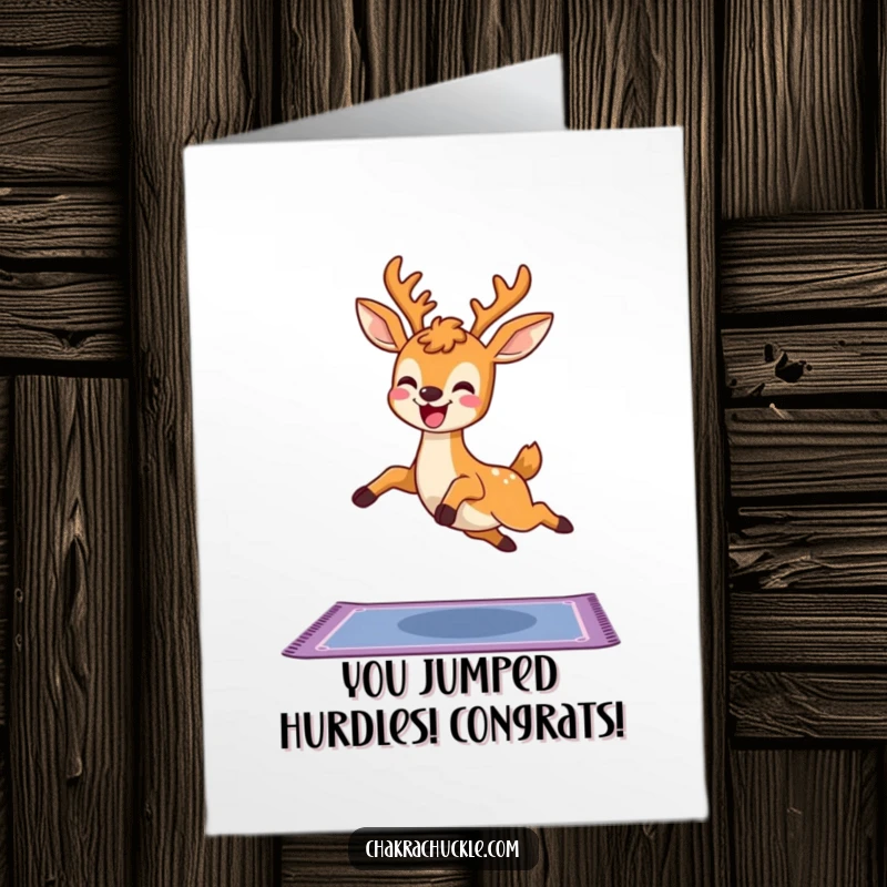 Funny Free Printable Congratulations Card: Delighted kawaii deer leaping with abandon over a yoga mat, celebrating success.