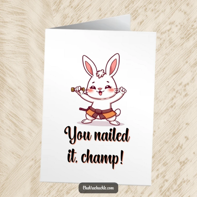 Funny Free Printable Congratulations Card: A kawaii rabbit attempts a wobbly victory pose, full of amused spirit.