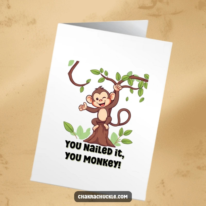 Funny Free Printable Congratulations Card with a cheeky monkey mastering tree pose, perfect for any win.