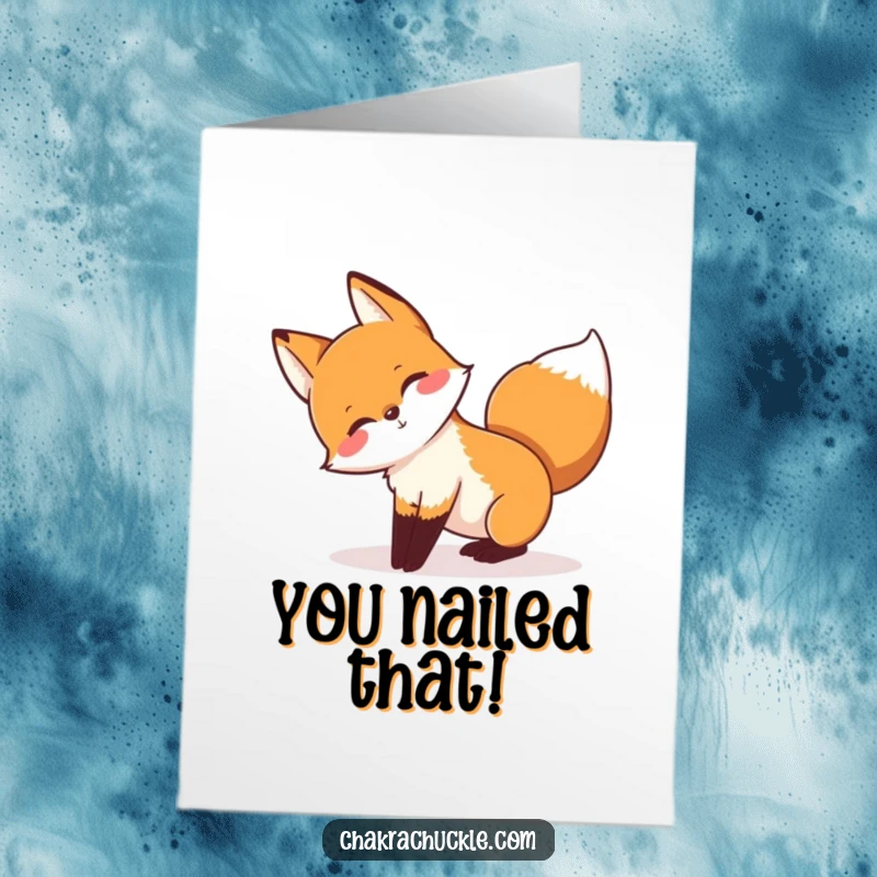 Free printable congratulations card featuring a playful fox in downward-facing dog, tail wagged, symbolizing flexible success.