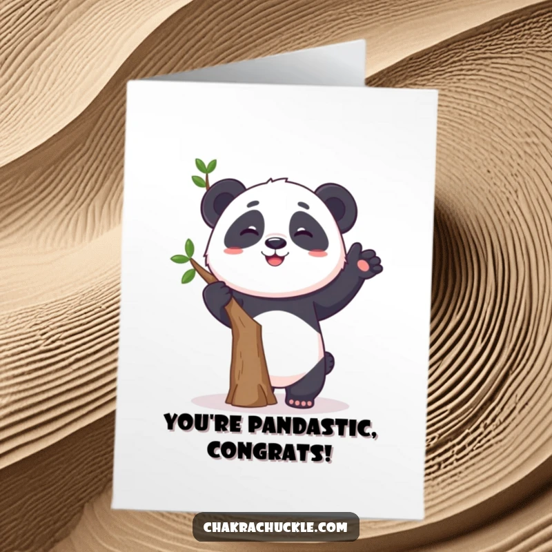Funny Free Printable Congratulations Card featuring a grinning panda attempting a slightly unstable tree pose, celebrating success.