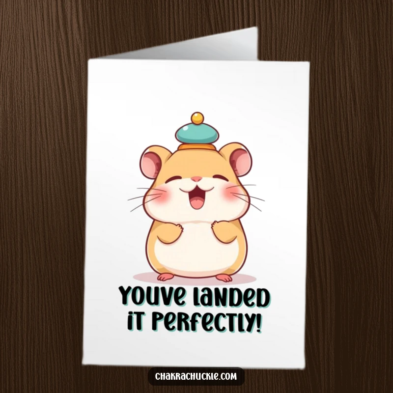 Funny Free Printable Congratulations Card: Giggling hamster humorously balancing a meditation cushion, celebrating success.