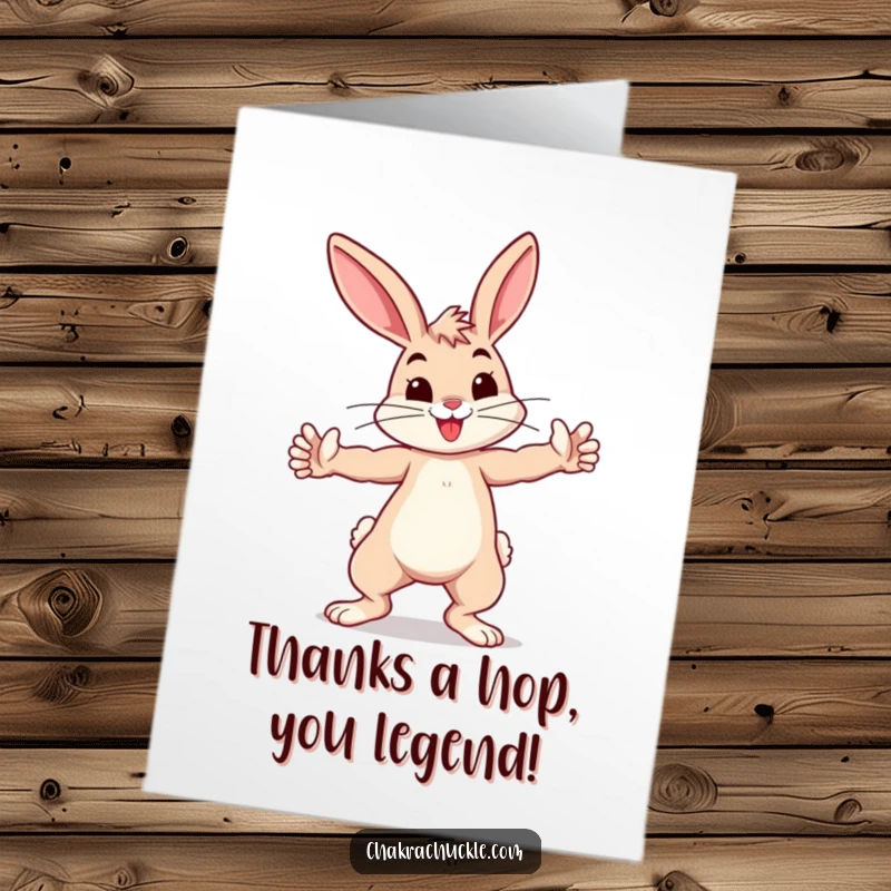 Funny Free Printable Bunny Warrior Thank You Card: Playful bunny in warrior pose, sending thanks with outstretched arms, a downloadable gift.