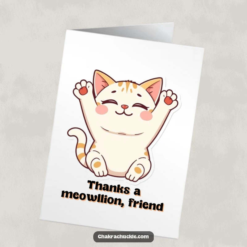 Funny Free Printable Thank You Card of a smiling cat stretching, sending peaceful and grateful vibes.
