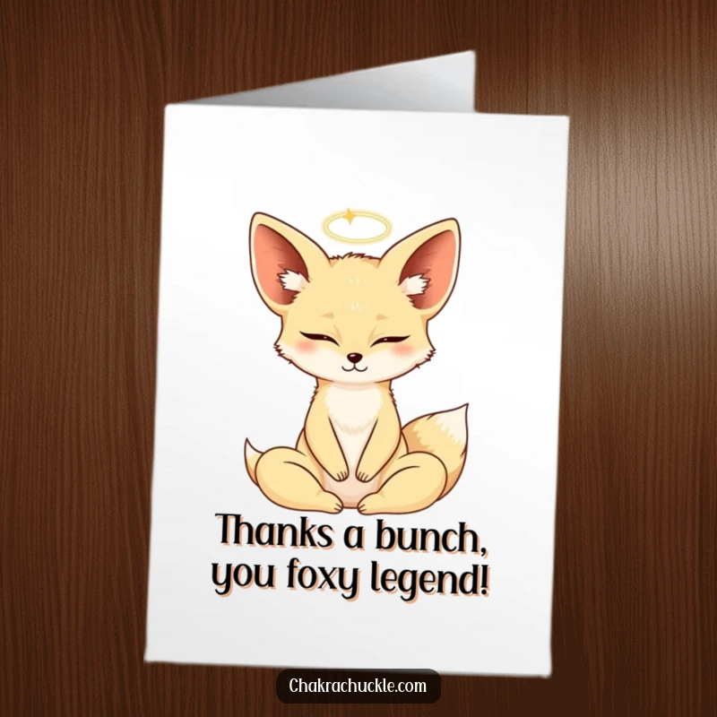 Funny Free Printable Fennec Fox Yoga Thank You Card: Serene fox in lotus pose offering thanks with a halo, a downloadable gift.