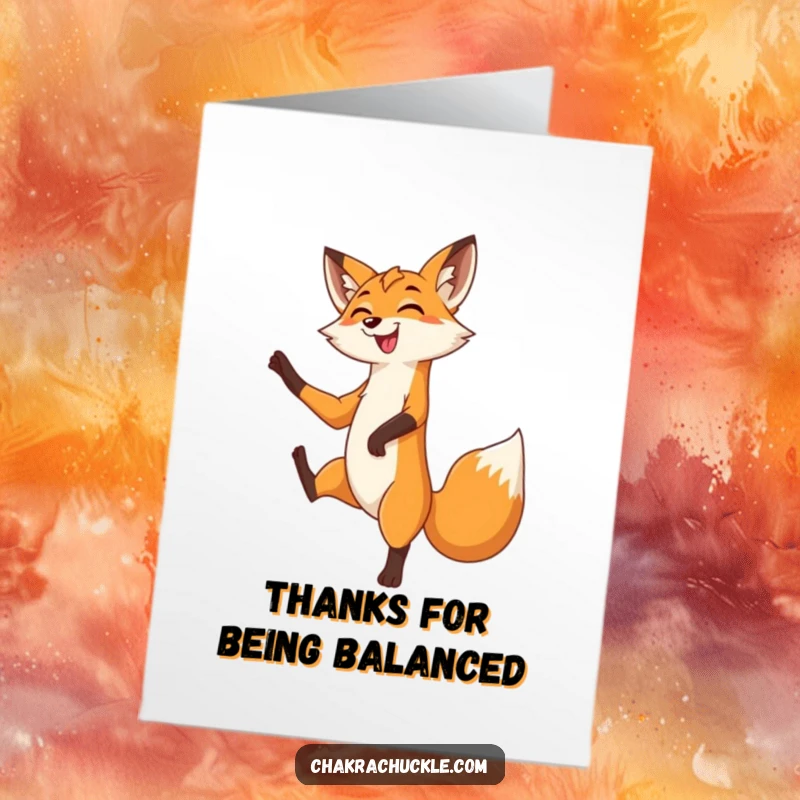 Funny Free Printable Thank You Card: A grinning fox holds a steady tree pose, one leg lifted, showing thanks.