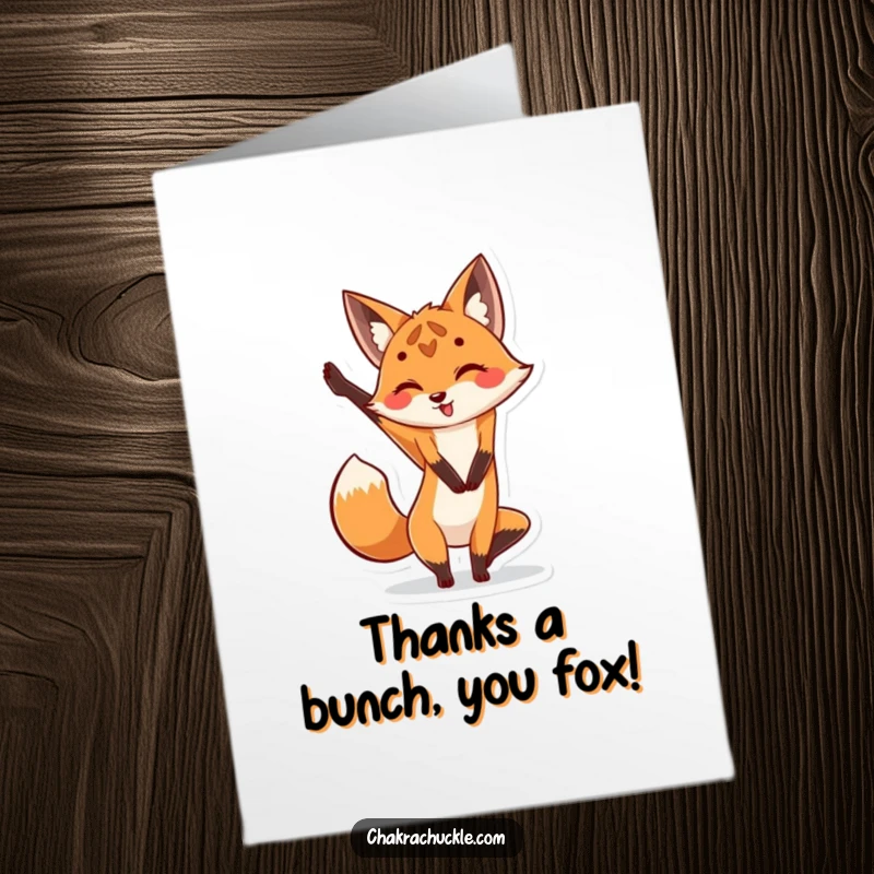 Funny Free Printable Fox Yoga Thank You Card: Cute fox holding a yoga pose, expressing thanks with a playful, hilarious expression, ideal DIY gift.