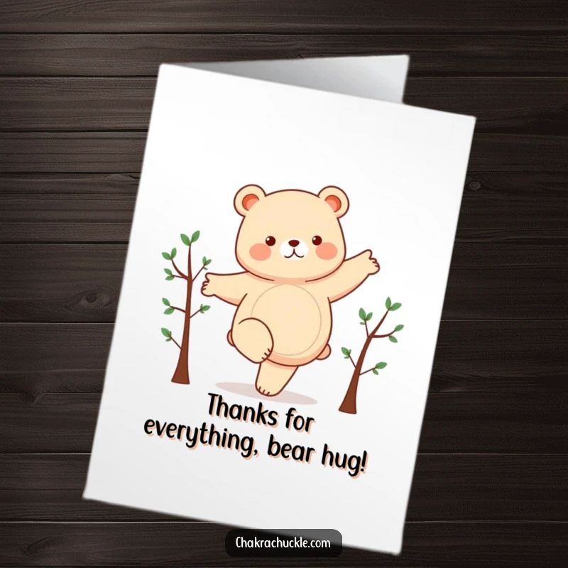 Funny Free Printable Thank You Card with a chubby bear doing a wobbly one-legged stand, expressing gratitude with humor.