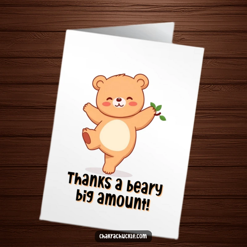 Funny Free Printable Thank You Card: Giggling kawaii bear in tree pose, offering a humorous and sincere thank you.