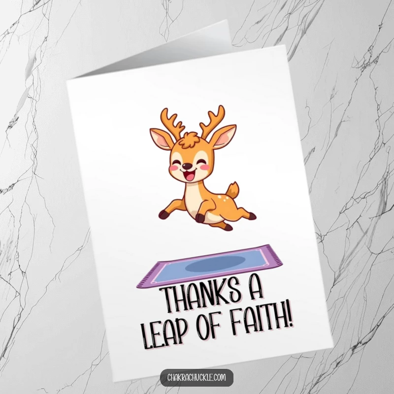 Funny Free Printable Thank You Card: Joyful kawaii deer leaping over a yoga mat, conveying a dynamic and funny thank you.