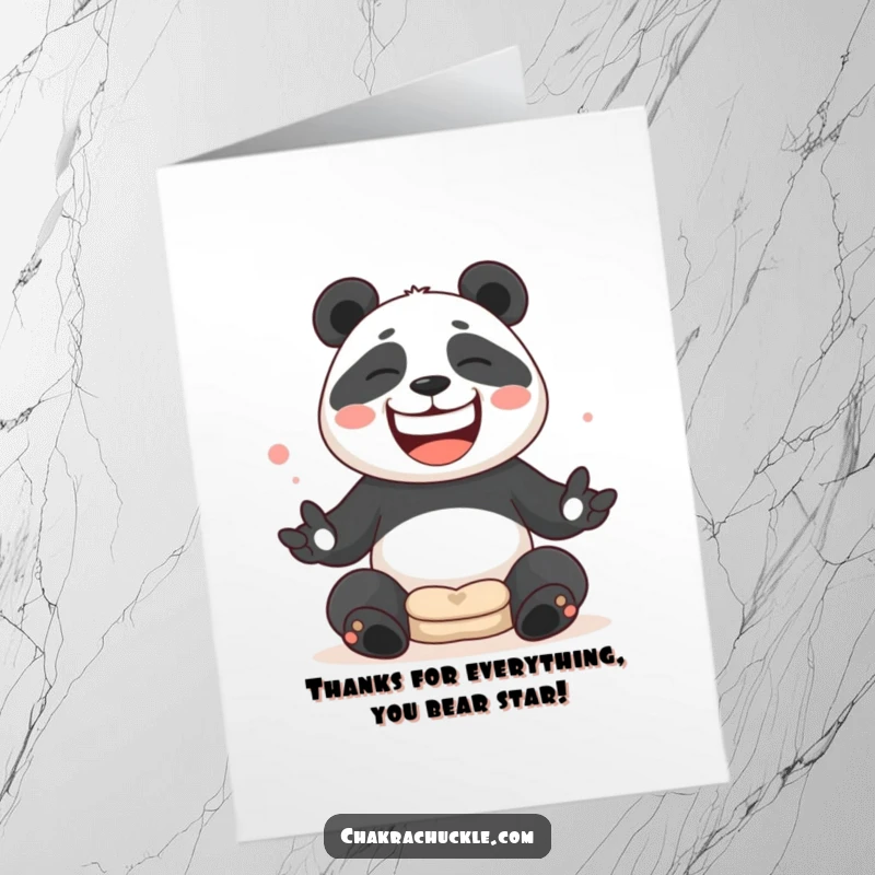 Funny Free Printable Panda Juggling Thank You Card: Happy panda juggling cushions, expressing thanks with a wide, silly grin, a downloadable gift.