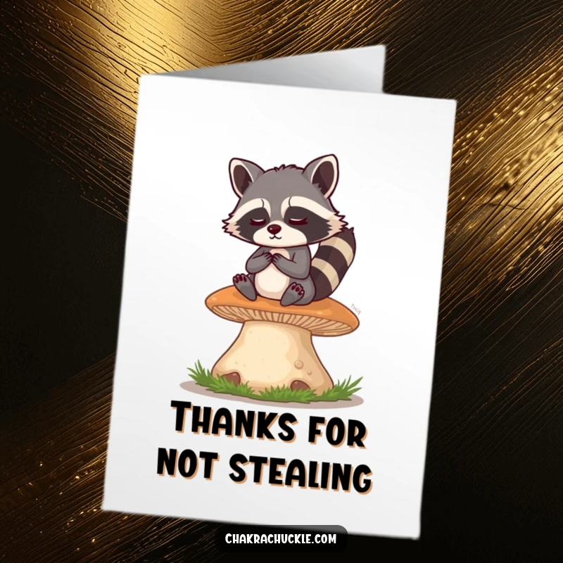 Funny Free Printable Thank You Card: A mischievous raccoon meditates on a mushroom, eyes twinkling, offering thanks.