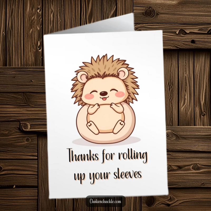 Funny Free Printable Thank You Card: Happy hedgehog meditating, rolled into a ball, expressing zen gratitude humorously.