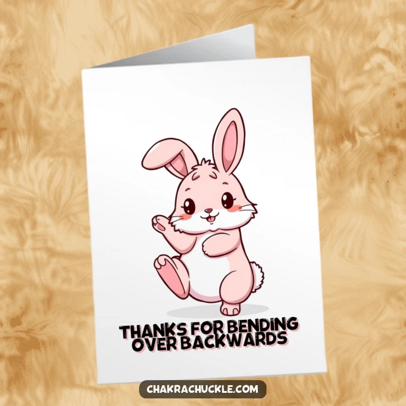 Funny Free Printable thank you card featuring a pink bunny doing a pretzel yoga pose with a leg up.