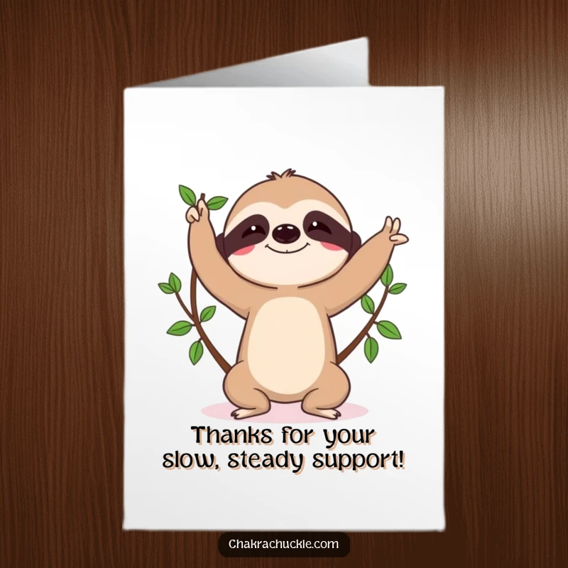 Funny Free Printable Thank You card: A happy sloth holds a determined tree pose, expressing thanks.
