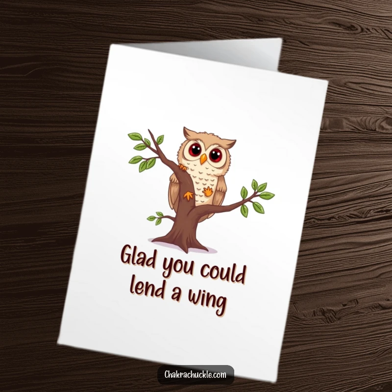 Funny Free Printable Thank You Card: A curious owl wobbling precariously in tree pose, sending heartfelt thanks.