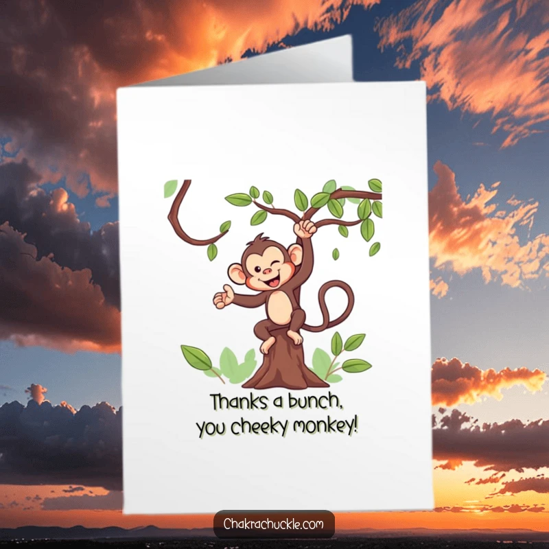 Funny Free Printable Thank You Card showing a playful monkey in tree pose, radiating gratitude and humor.