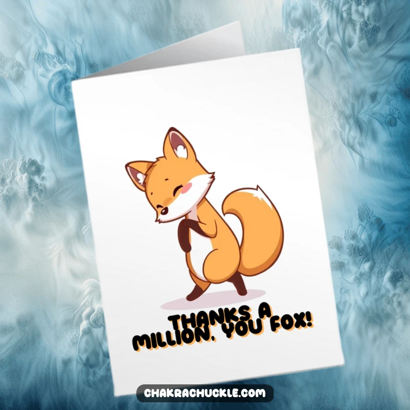 Funny Free Printable Thank You Card: Curious fox in a pretzel pose sending thanks with a playful, humorous twist.