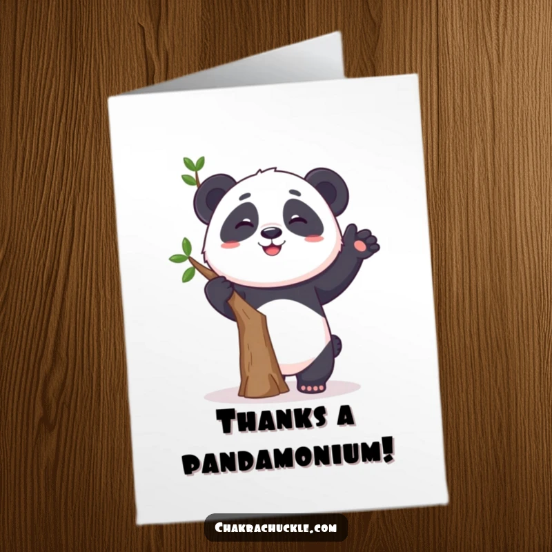Funny Free Printable Thank You Card with a curious panda wobbling in a tree pose, a unique way to say thanks.