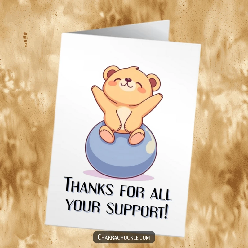 Funny Free Printable Thank You Card: A tiny bear cub balancing on a yoga ball with eyes closed in blissful serenity.