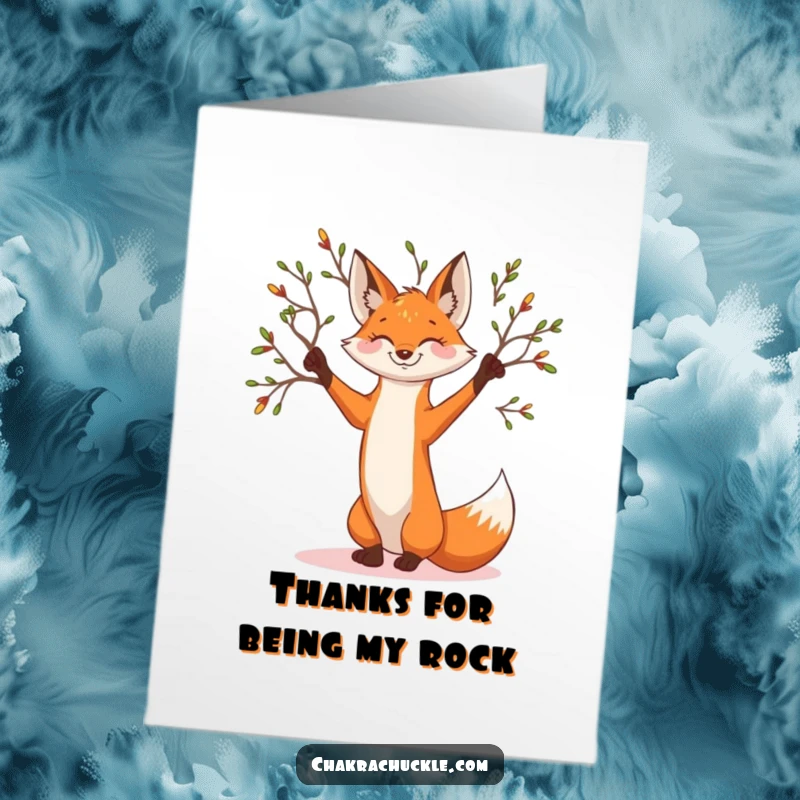 Funny Free Printable thank you card of a smiling fox in a tree pose, with branches extending.