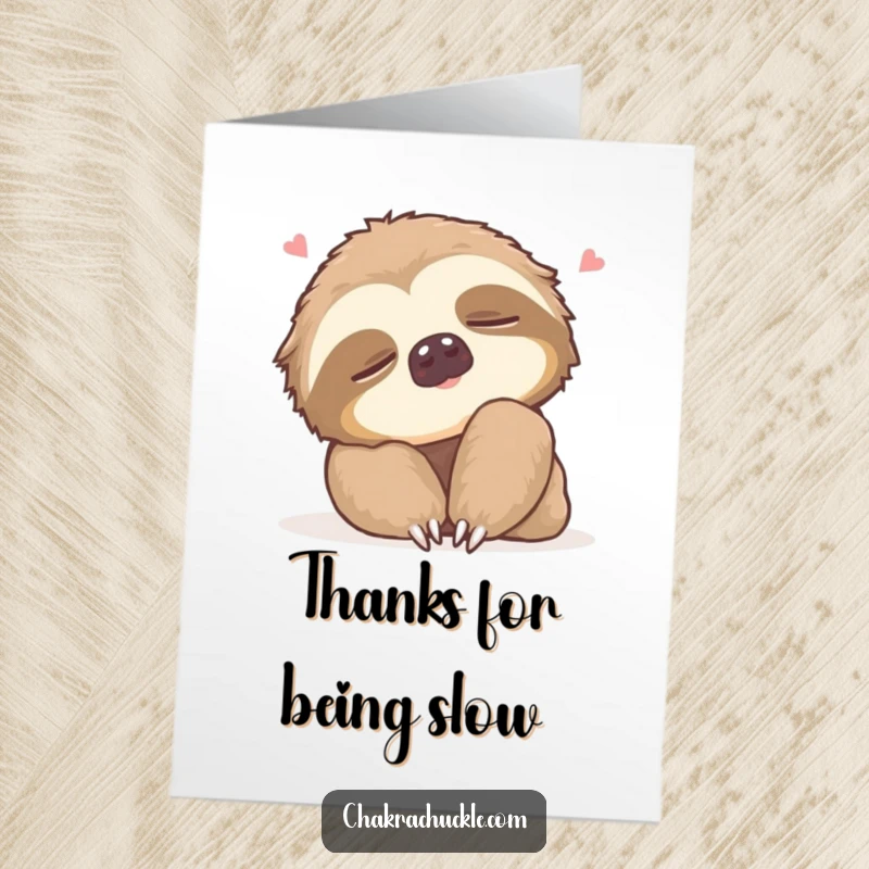 Funny Free Printable Thank You Card: Sleepy sloth rolling its neck with a contented sigh, conveying sincere thanks.