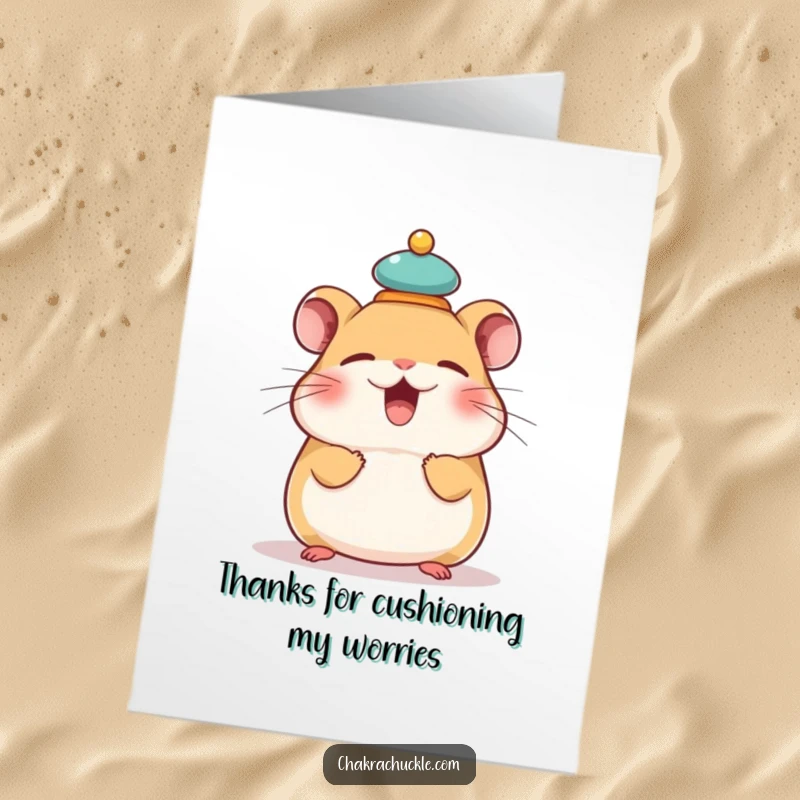 Funny Free Printable Thank You Card: Giggling hamster balancing a meditation cushion, humorously expressing thanks.