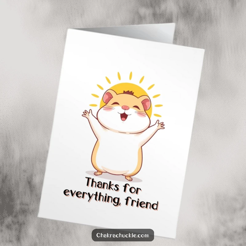 Funny Free Printable Thank You Card: A giggly hamster radiates joy doing a sun salutation, saying thank you.